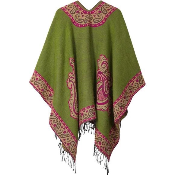 Women's Retro Style Vintage Pattern Tassel Poncho Shawl Cape Wraps For Women - Picture 2 of 7